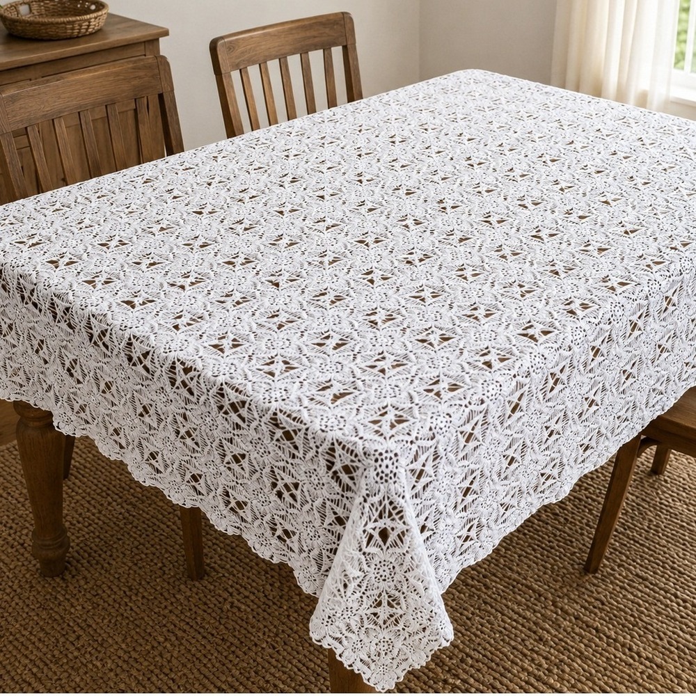 Vintage Handmade Crochet Lace Tablecloth Ecru White Pineapple Star Medallion
